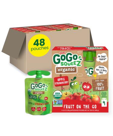 GoGo squeeZ Organic Fruit on the Go, Apple Strawberry, 3.2 oz. (48 Pouches) - Tasty Kids Applesauce Snacks Made from Organic Apples & Strawberries - Gluten Free Snacks - Nut & Dairy Free - Vegan Snack Apple Strawberry 48