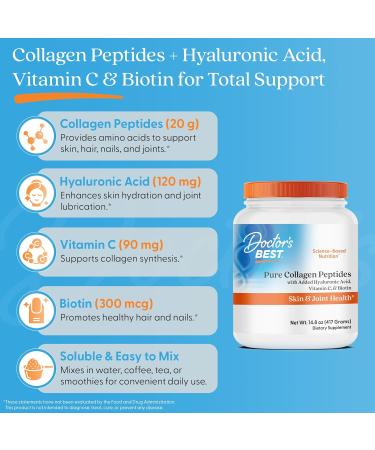Doctor's BEST Pure Collagen Peptides w/Hyaluronic Acid - Collagen Powder Supplement for Women & Men Unflavored 18 g Protein & 90 mg Vitamin C per Serving Supports Healthy Skin & Hair - 14.8 oz - Buy Online on GoSupps.com