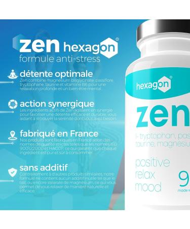 Zen Anti-Stress Complex Magnesium Bisglycinate Passionflower L-Tryptophan Taurine Vitamin B6 - Promotes Relaxation - 90 Vegetable Capsules - Made in France Hexagon - Buy Online on GoSupps.com