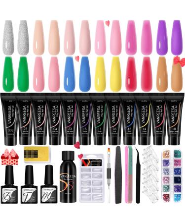 Poly Nail Gel Kit  VANREESA 12 Colors Nail Extension Kit with Clear Nude Pink Builder Nail Gel Kit for Beginners DIY at Home Manicure Starter Professional Set Gift for Women Colorful Flowers