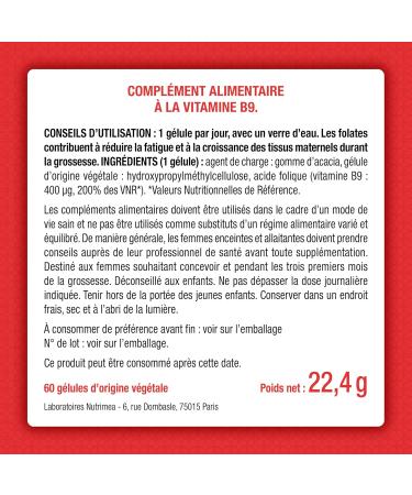  Laboratoires Nutrimea FOLIC ACID Vitamin B9 Superior Absorption Supplement for Pregnant Women Reduces Fatigue 60 Vegan Capsules - Buy Online on GoSupps.com