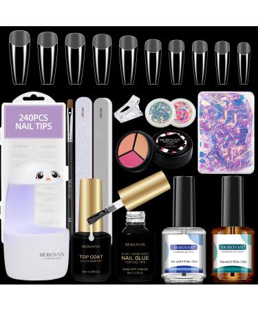 Morovan Nail Tips and Glue Gel Kit - 3 in 1 Nail Glue Gel and Top Coat with 240PCS Clear Fake Coffin Nails Tips Kit and Mini Nail Lamp Nail Prep Dehydrate Kit Easy DIY Nail Art Nail Extension Kit