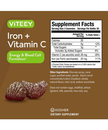Iron Gummies 20mg + Vitamin C 26mg for Iron Deficiency and Anemia - Energy Support, Blood Cell Formulation - Vegan Chewable Grape Gummy Chews 60 ct (Pack of 2) - Buy Online on GoSupps.com