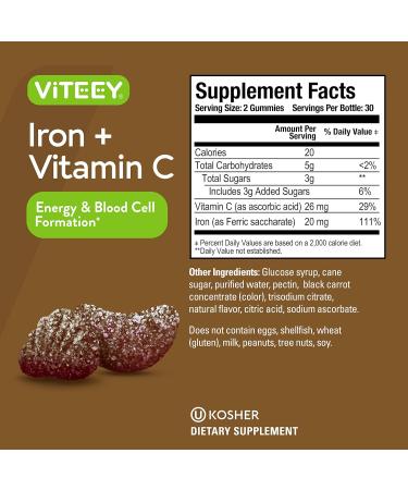 Iron Gummies 20mg + Vitamin C 26mg for Iron Deficiency and Anemia - Energy Support, Blood Cell Formation - Vegan, Gluten-Free, GMO-Free Chewable Grape Gummy Chews - 60 Servings - Buy Online on GoSupps.com