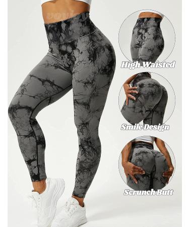 VOYJOY Tie Dye High Waist Yoga Pants with Scrunch Butt Lift - Black Gray Medium - Buy Online on GoSupps.com