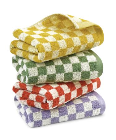 Hand Towels for Bathroom 4 Pack, Cotton Face Towels Soft Absorbent for Spa Bath Gym Kitchen, Hand Towel Set Decorative Checkerboard, 13 x 29 Inches, 4 Colors