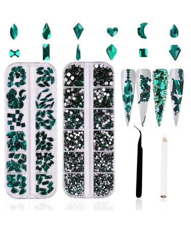 3120Pcs Nail Art Rhinestones Kit HOINCO 120Pcs Multi Shapes Glass Crystal AB Rhinestones and 3000Pcs Round Flat Back Gems Diamond with Tweezers and Dotting Pen for Nail Art Decoration(Emerald)