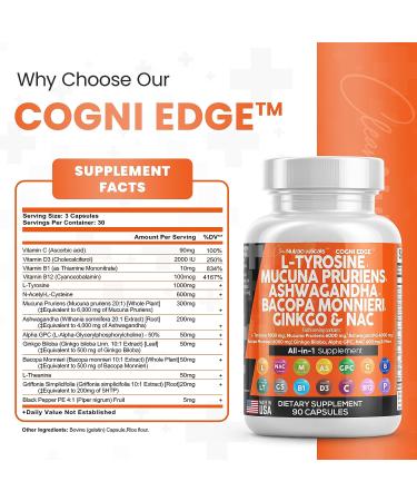 Focus Supplement with L-Tyrosine, Mucuna Pruriens, Bacopa Monnieri, Ashwagandha, N-Acetyl Cysteine, 5-HTP, Ginkgo Biloba & More - 1000mg/6000mg/500mg/4000mg/600mg - USA Made - Buy Online on GoSupps.com