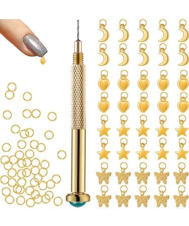 91 Pieces Nail Jewelry Rings with Nail Piercing Tool Hand Drill  Pierced Fingernail Jewel Dangle Nail Art Golden Color Charms for Acrylic Nail Tips DIY Nail Art  Moon  Star  Butterfly  Heart - Buy Online on GoSupps.com