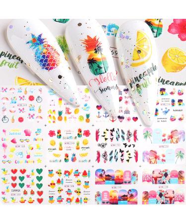Summer Nail Stickers Fruit Water Transfer Nail Art Sticker Decal Nail Art Decoration Pineapple Tropical Leaf Vacation Beach Sea Summer Nail Design for Women Kids Nail Supplies Manicuret Tip 12sheets