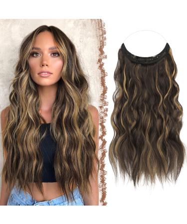 FESHFEN Invisible Wire Hair Extensions with Transparent Wire Adjustable Size with Clips Synthetic Hair Piece Long Wavy Secret Headband Hairpieces for Women 16 Inch Brown Highlighted Caramel Blonde - Buy Online on GoSupps.com