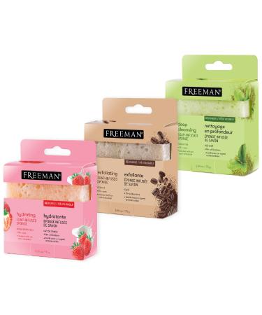 Freeman Soap Sponge Bundle Soap Infused Bath Sponges Coffee Green Tea & Strawberry Shower Sponges Hydrating Cleansing & Exfoliating Self-Tanner Removal & Prep 3 Count