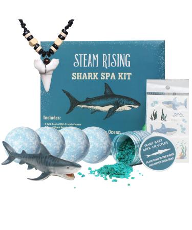 Shark Bath Toy Spa Kit: Organic Shark Bath Bombs w/Bath Crackles Inside  Vinyl Shark Toy  2 Jars Bath Crackles  Tattoos  Shark Tooth Necklace | Boys Shark Birthday Gift | Safe Natural & Organic
