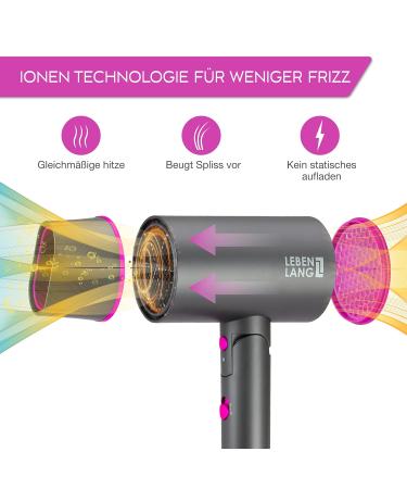 LIFETIME Ion Hairdryer 2100W - Travel-Friendly Anti-Split Ends Cold Air Mode | Compact Gray/Pink Design for Effortless Styling - Buy Online on GoSupps.com