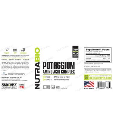 NutraBio Potassium Complex 99mg Supplement for Heart, Bones, Muscles & Digestion - 120 Capsules - Buy Online on GoSupps.com