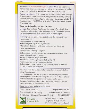 Schwabe KarmaMood Maximum Strength - St John's Wort Extract 425mg - Herbal Remedy for Low Mood and Anxiety - 30 Tablets - Buy Online on GoSupps.com