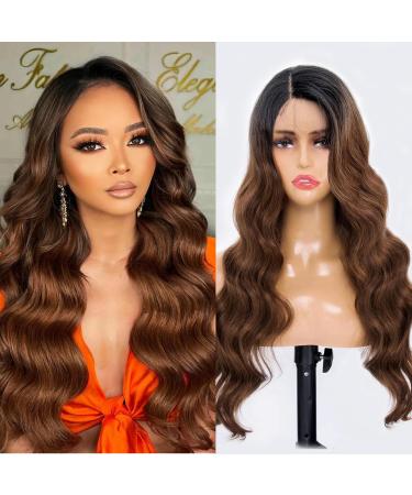 haftaluv Ombre Brown Body Wave Synthetic Lace Front Wig 1B/30 Long Chocolate Dark Brown Wig Glueless Colored Lace Front Wigs Synthetic Hair Replacement Womens Wavy Wigs for Black Women BW--OT30--