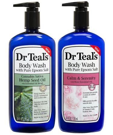 Dr Teal's Body Wash Combo Pack (48 fl oz Total) Hemp Seed Oil and Calm & Serenity with Rose & Milk. Treat your skin your senses and your stress.