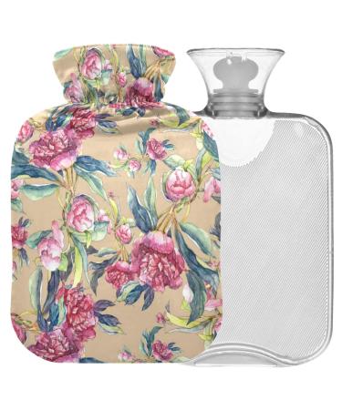 NAANLE watercolor heat bottle with peony flower with reference heat and cold therapy transparent hot water bottle 2 l large hot hot water bottle for bed hand foot warmer pain relief 2L