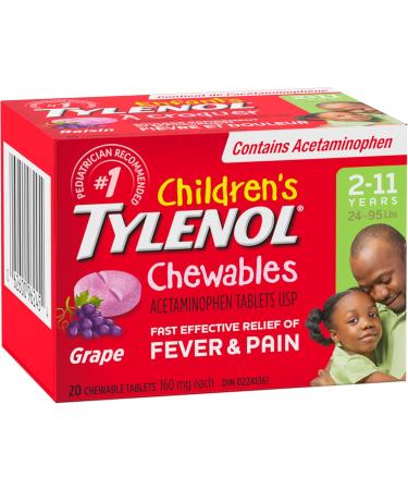 Tylenol Children's Chewables Fever and Pain Relief Grape Flavour 160 mg Acetaminophen 20 Tablets Toothache Pain Relief 20 Count (Pack of 1) Grape - Buy Online on GoSupps.com