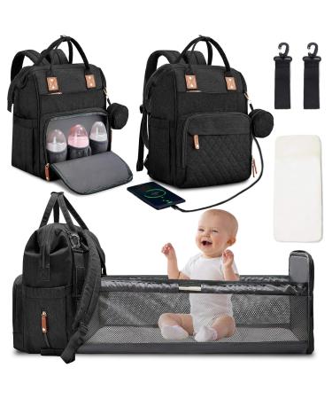 Diaper Bag Backpack with Changing Station Portable Baby Bag Foldable Baby Bed Back Pack Travel Waterproof Large Capacity Travel Bag with USB, Stroller Straps, Insulated Pockets, Gift for Mom Dad Black Large (Pack of 1) Black