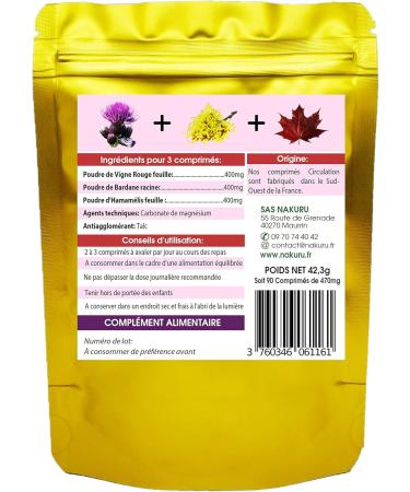 NAKURU | Traffic Burdock + Witch Hazel + Red Vine | Power Range | Made in France | (90 Tablets of 470mg / Net Weight: 42g) - Buy Online on GoSupps.com