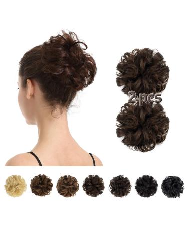100% Human Hair Bun,BARSDAR 2 PCS Messy Bun Hair Piece With Elastic Rubber Band Curly Natural Ponytail Extension Hairpiece for Women/Kids Tousled Updo Chignons(2PCS, Brown) 2 Count (Pack of 1) 4# Brown