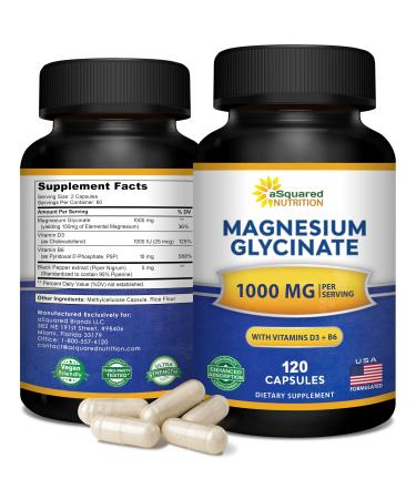 Magnesium Glycinate 1000mg with Vitamin D3 & B6-500mg per Capsule - Pure Elemental Mag Supplement Complex for Sleep Muscle Bone Health - Replace Gummies Tablets & Powder - 120 Capsules