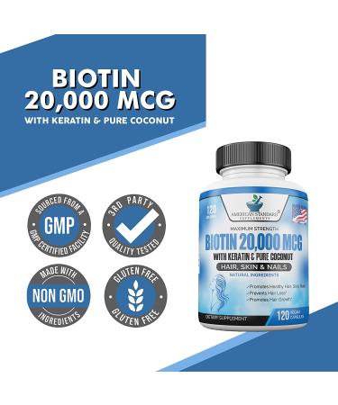 Biotin 20,000mcg with Keratin, Organic Coconut & Zinc | Hair Growth Supplement for Healthy Hair, Skin & Nails | 120 Vegan Capsules - 120 Day Supply - Buy Online on GoSupps.com