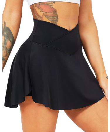 TZLDN Women Tennis Skirt with Shorts High Waisted Pleated Workout Athletic Golf Skorts Skirts with Pockets A # V-waist - Black Large