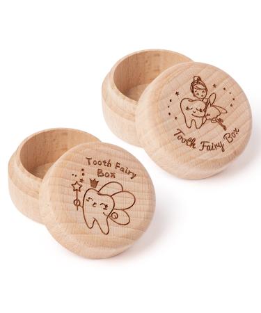 2Pcs Tooth Fairy Box for Girl Wooden Tooth Fairy Keepsake Box to Place Under Pillow Milk Teeth Container Box Cute Lost Tooth Holder Baby Toddler Teeth Case for Baby Shower Birthday Gift