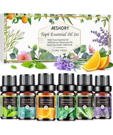 Aeshory 6 x 10ml Essential Oils Set 100% Pure Therapeutic Grade Aromatherapy Essential Oil for Diffusers for Home - Lemon Lavender Tea Tree Eucalyptus Orange Peppermint 60.00 ml (Pack of 1)