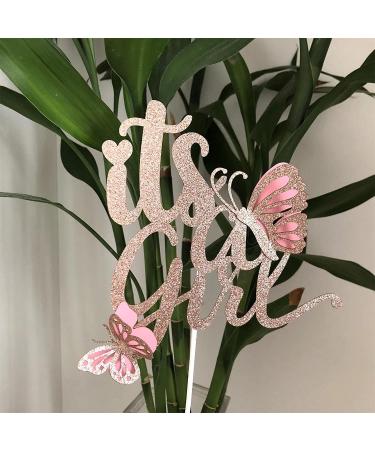 Double Sided Rose Gold 'It's A Girl' with Butterfly Cake Topper - Pink Baby Shower Decor - Buy Online on GoSupps.com