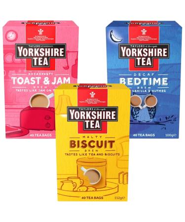 Yorkshire Tea Bags Specialty Brew Bundle Containing Biscuit Brew Toast and Jam Decaf Bedtime (Pack of 3 Total 120 tea bags) - Buy Online on GoSupps.com