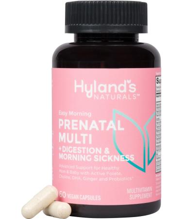 Hyland's Easy Morning Prenatal Multivitamin and Digestive Health and Morning Sickness Relief 60 Vegan Capsules with Folate Choline Zinc Ginger Root Prebiotics and Algae DHA 60 Count (Pack of 1)