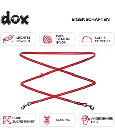 DDOXX Reflective Nylon Dog Leash - 3-Way Adjustable 2m for Small & Large Dogs | Double Leash for Two Dogs Cats & Puppies | Red Durable Tencing & Running Line - Buy Online on GoSupps.com