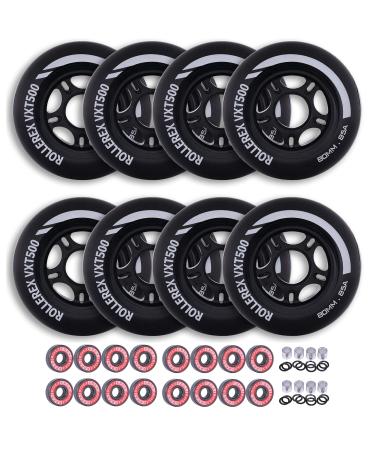 Rollerex VXT500 Inline Skate Wheels (8 Wheels w/Bearings, spacers and washers) (Various Size & Color Options Available) - for Indoor, Outdoor, Hockey - Intended for Roller Blade Wheel Replacement Steel Black 80mm
