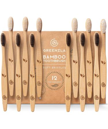 Greenzla Bamboo Toothbrushes (12 Pack) | BPA Free Soft Bristles Toothbrushes | Eco-Friendly, Natural Bamboo Toothbrush Set | Biodegradable & Compostable Charcoal Wooden Toothbrushes
