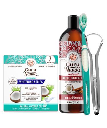 GuruNanda Ashwagandha Oil Pulling (8 Fl Oz) - 100% Pure Blend of Coconut with Essential Oils & Vitamins and Teeth Whitening Strips (7 Treatments)