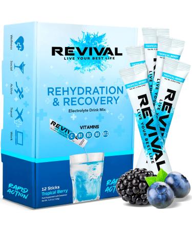 Revival Rapid Rehydration Electrolytes Powder - High Strength Vitamin C B1 B3 B5 B12 Supplement Sachet Drink Effervescent Electrolyte Hydration Tablets - 12 Pack Tropical Berry 12 Servings (Pack of 1) Tropical & Berry Blast