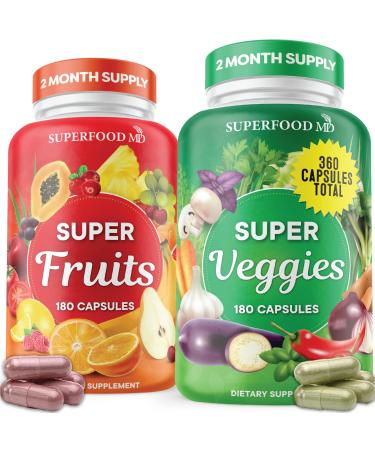 Superfood Fruit and Veggie Supplement - 360 Fruit and Veggie Capsules -100% Whole Super Fruit and Super Vegetable Supplements & Vitamin, Made in USA, Soy Free, Vegan- 60 Servings