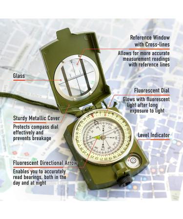 Lensatic Military Compass for Hiking - Tritium Compass Military Grade Style Camping Backpacking | Tactical Army Compass Survival Navigation | TurnOnSport Waterproof Sighting Compass with Pouch Green - Buy Online on GoSupps.com