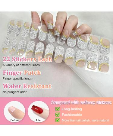 Semi Cured Gel Nail Wraps 22Pcs Glitter Silver Gel Nail Polish Strips Self-Adhesive Gold Lines Gel Nail Stickers Salon-Quality French Manicure Kit with with 2 Prep Pads Nail File & Wooden Stick - Buy Online on GoSupps.com
