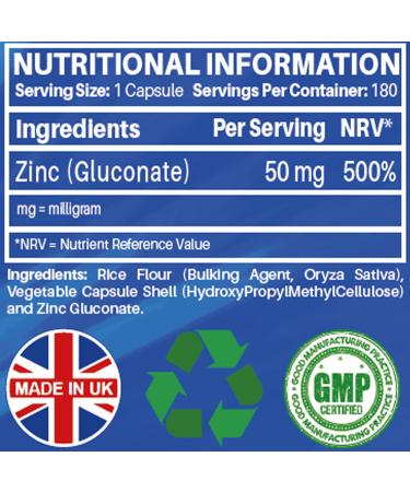 High Strength Zinc Capsules 50mg - 180 Vegan Capsules (6 Month Supply) Chelated Zinc for Immune System, Hair, Skin, Bones, Nails Nutrabytes - Buy Online on GoSupps.com