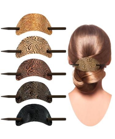 Leather Hair Clip with Stick Faux Leather Hair Barrette Hair Tie Leather and Stick Hair Slide Oval Shape Hair Pins Ponytail Holders Hair Accessories for Women Girls (Vintage Style,5) 5 Vintage Style