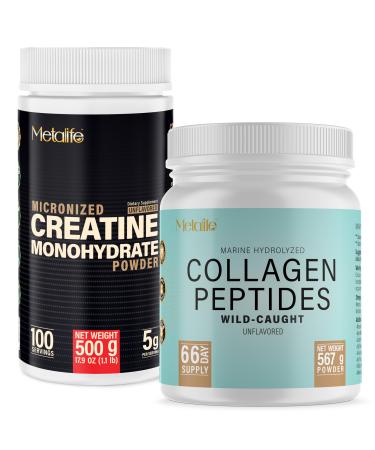 METALIFE Creatine Monohydrate 500g + Marine Collagen Peptides 20oz Bundle Muscle Strength Recovery & Joint Support Unflavored Canada-Made Wild-Caught Fish 166 Total Servings