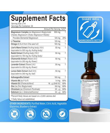Magnesium Glycinate Liquid Drops | Magnesium Complex Supplement with Ashwagandha L-Theanine Lion's Mane & Omega-3 | Clam Relaxation Immune Health| Blueberry Flavor 2 Fl oz - Buy Online on GoSupps.com