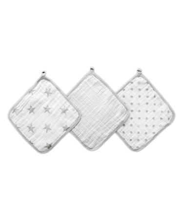 aden + anais Essentials Washcloth Set, Super Soft 100% Cotton Muslin, 3-Pack, Dusty Gray Stars