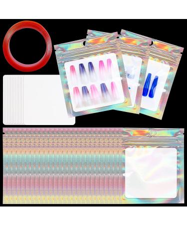Lokyango Press on Nail Packaging Bag 50PCS Empty Holographic Nail Storage Bag and 50PCS White Cardboard with 1 Roll Transparent Tape for Handmade Nails Business Nail Display (50pcs)
