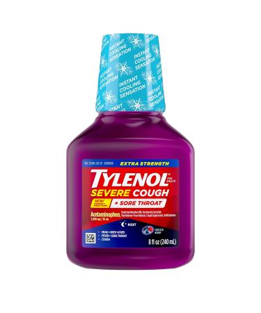 Tylenol Extra Strength Severe Cough + Sore Throat Nighttime Liquid Cold Medicine Multi-Symptom Cold Relief Acetaminophen Pain Reliever Dextromethorphan HBr Doxylamine Succinate 8 Oz.